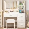 Vanity Desk with Mirror and Lights, 4 Drawers & Benches Vanity Desk Set, 3 Color Lighting Modes Adjustable Brightness Vanity for Bedroom Makeup Table