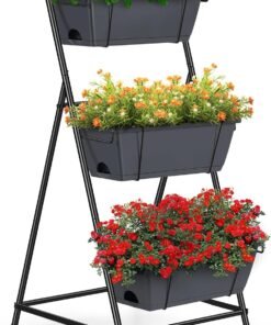 Vertical Garden Planter 3 Tier Raised Garden Bed Herb Planter Outdoor Standing Garden Planter Box with Drainage Holes Removable Tray for Patio Balcony Porch Grey