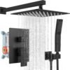 Rainfall Bathroom Shower System Rain Shower Head and Handle Set Wall Mounted Shower Complete Combo Solid Brass Pressure Balancing Shower Mixer Valve 10 Inch Matte Black