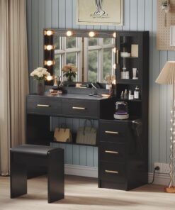 Makeup Vanity with Lights & Charging Station, Black Vanity Table with 5 Drawers & Open Storage Shelves, Bedroom Makeup Dressing Table Set for Women Girls Golden Handles