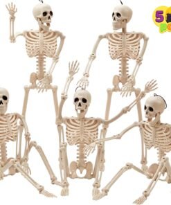 5 PCS Posable Halloween Skeleton Decor 16 Inches, Full Body Posable Joints Hanging Skeletons for Halloween Decorations, Graveyard Props, Haunted House Accessories, Spooky Scene Party Favors
