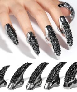 10 Pcs Halloween Costume Claws Fake Nails Ring Set, 3 Sizes Crystal Full Finger Claws Retro Metal Nail Rings Gothic Punk Talon Fingertip Claw Long Nails for Nail Art Holiday Party (Black)