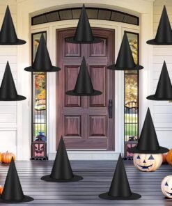 12 PCS Halloween Witch Hats, Black Hanging Witch Hat, Witch Costume Accessories Witches Hat with 328 FT Nylon Cord Wizard Hats Indoor Outdoor Halloween Decorations for Home Yard Porch Ceiling